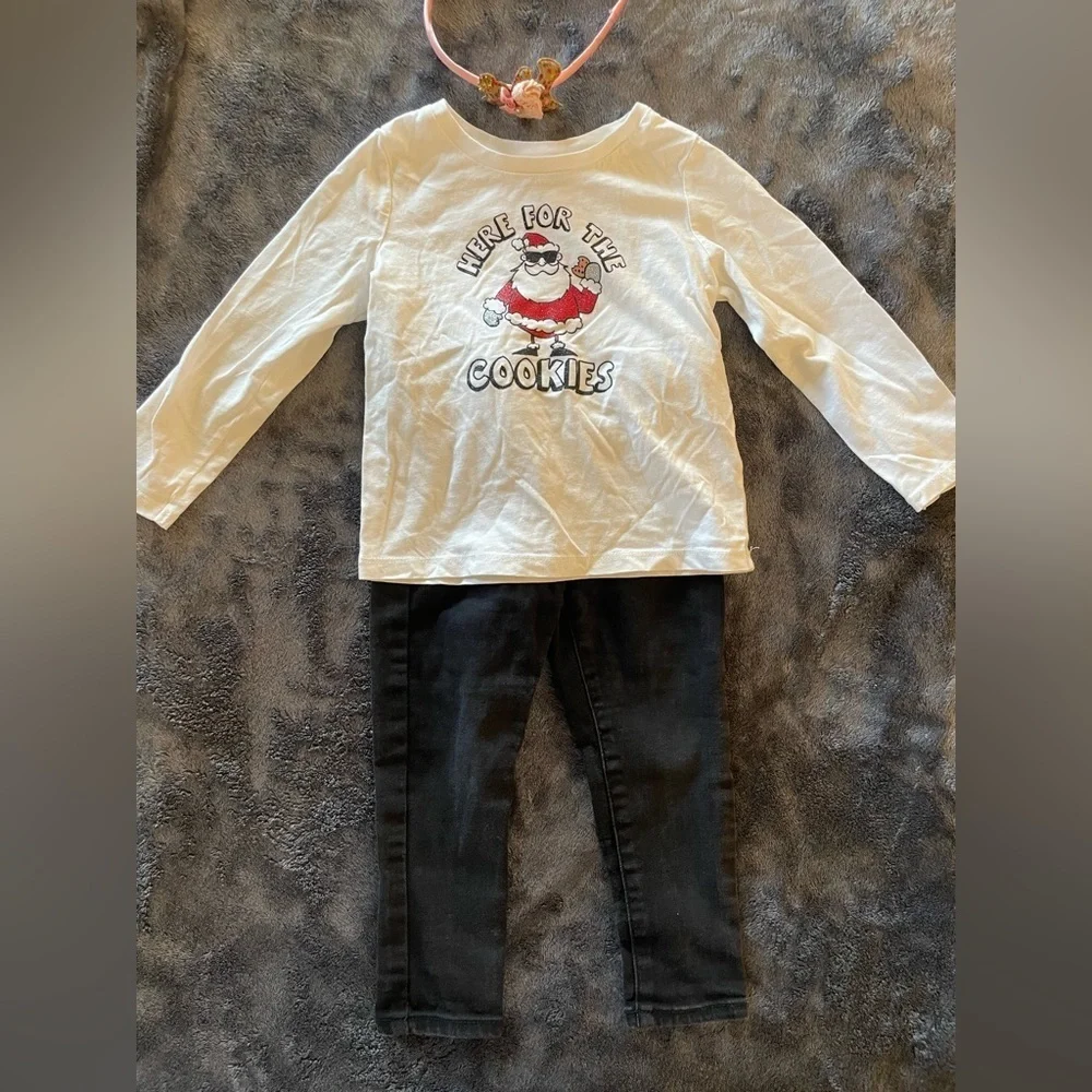 Bundle of 3: NWOT headband + oshkosh santa shirt + black jeans cat & jack size2T